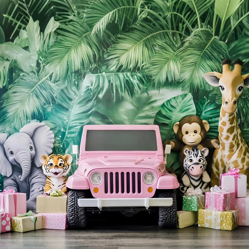 Children Backdrops Jungle Safari Pink Jeep Backdrop UK GQ5-206