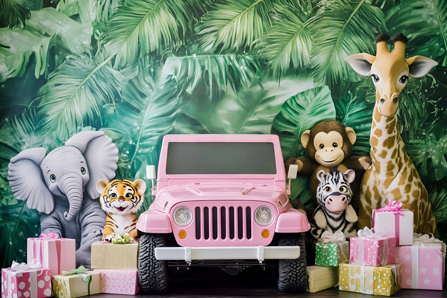 Children Backdrops Jungle Safari Pink Jeep Backdrop UK GQ5-206