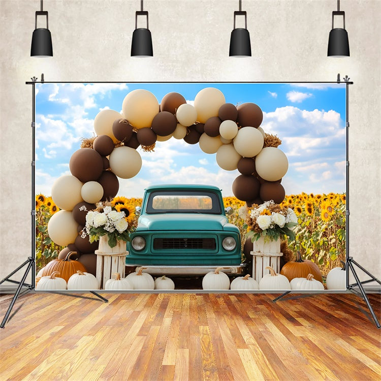 Autumn Backdrops Vintage Blue Truck Sunflower Backdrop UK GQ5-76
