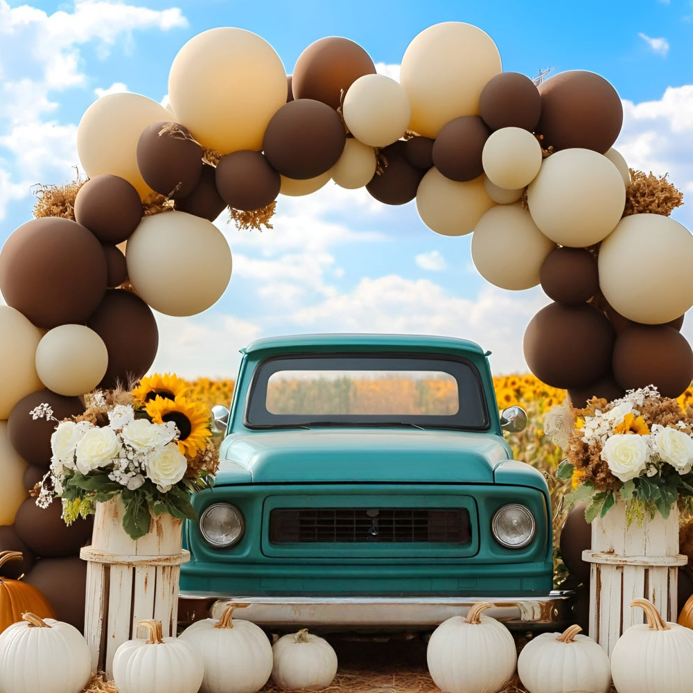 Autumn Backdrops Vintage Blue Truck Sunflower Backdrop UK GQ5-76