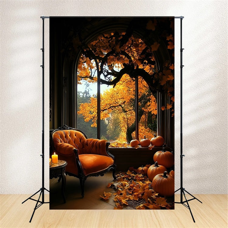 Fall Photo Backdrop Cozy Room Pumpkins Window Backdrop UK GQ5-87
