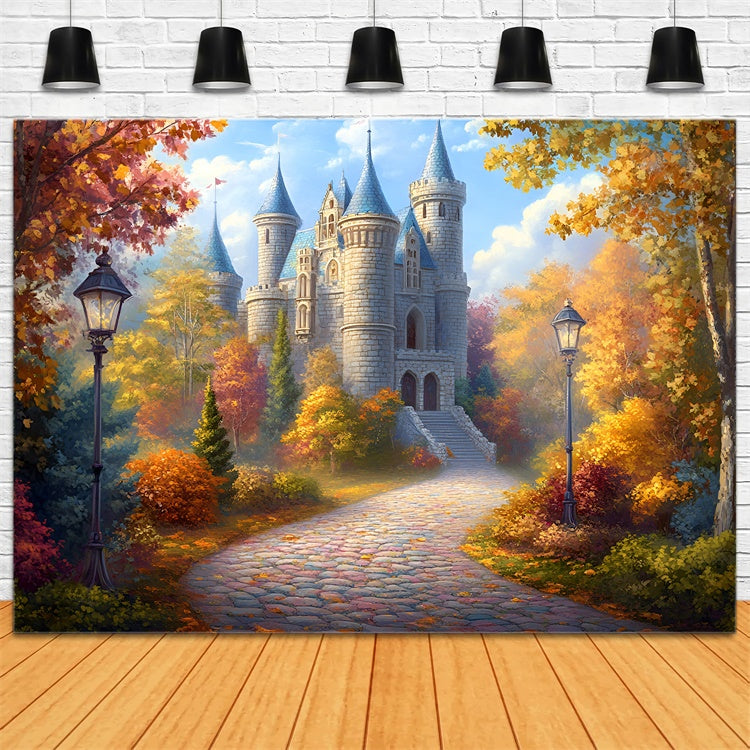 Castle Photo Backdrop Golden Forest Pathway Fall Backdrop UK GQ57-104