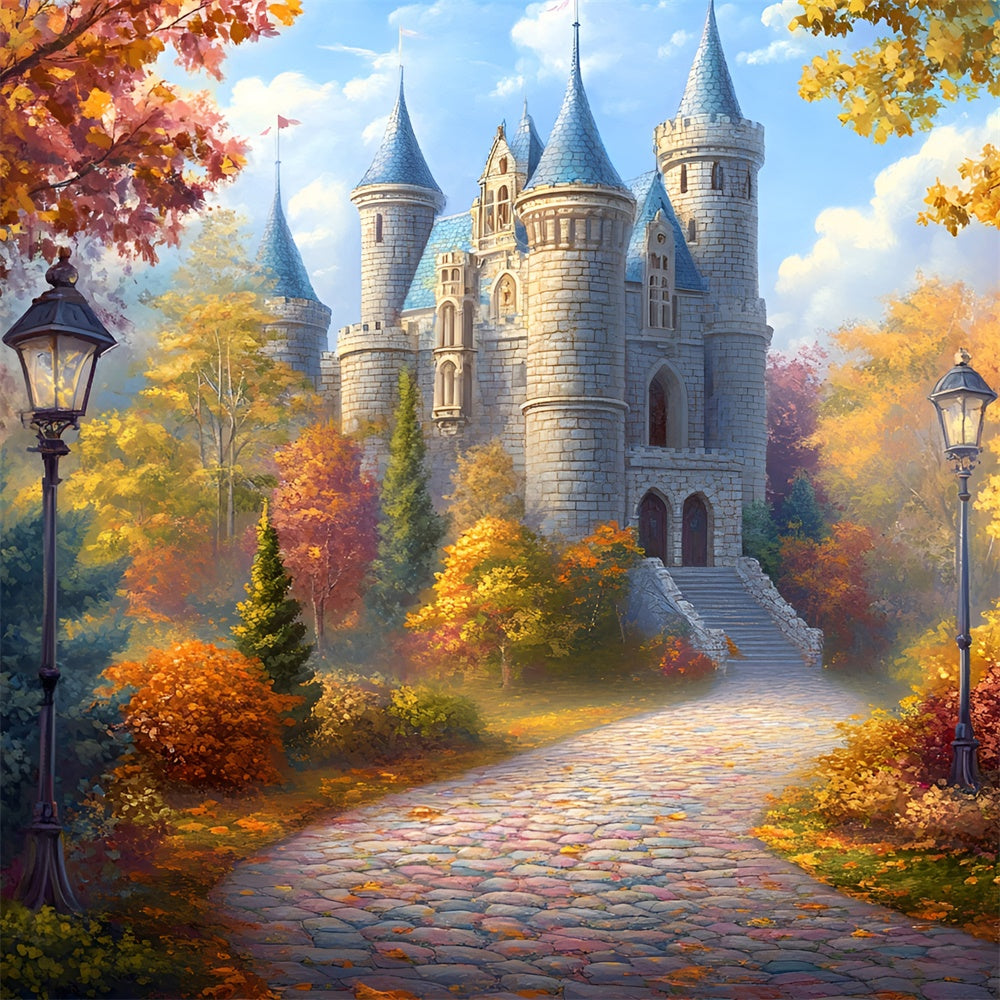 Castle Photo Backdrop Golden Forest Pathway Fall Backdrop UK GQ57-104