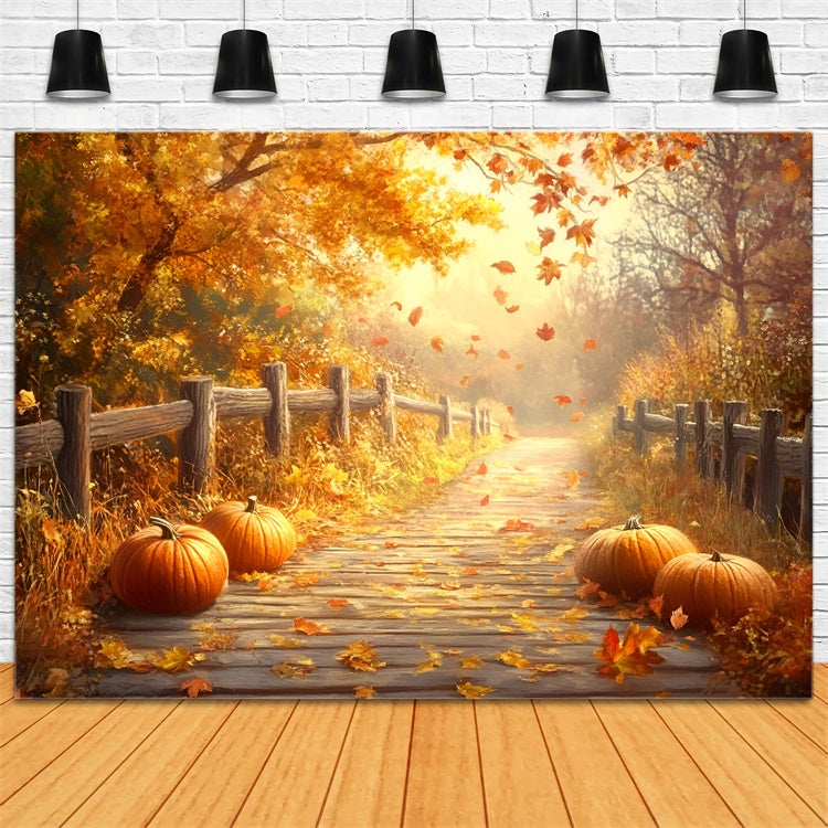Fall Leaves Backdrop Rustic Fence Trail Forest Backdrop UK GQ57-108