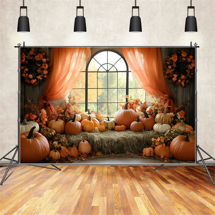 Autumn Photo Backdrop Pumpkin Window Harvest Backdrop UK GQ57-110