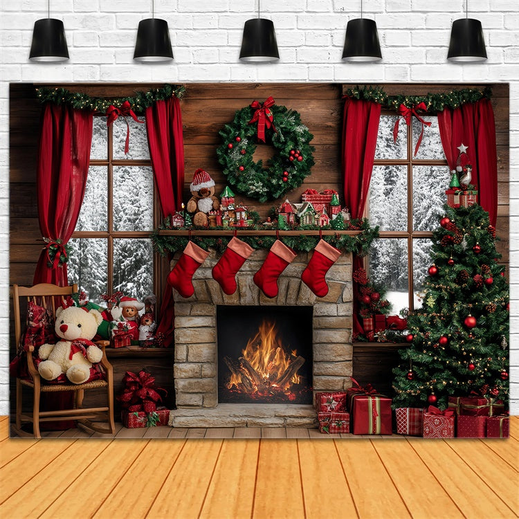 Christmas Fireplace Backdrop Rustic Hearth Tree Backdrop UK GQ57-13