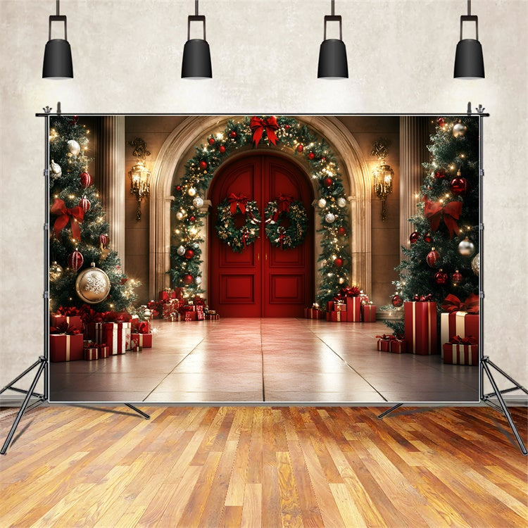 Professional Christmas Backdrops Red Door Garland Glow Backdrop UK GQ57-43