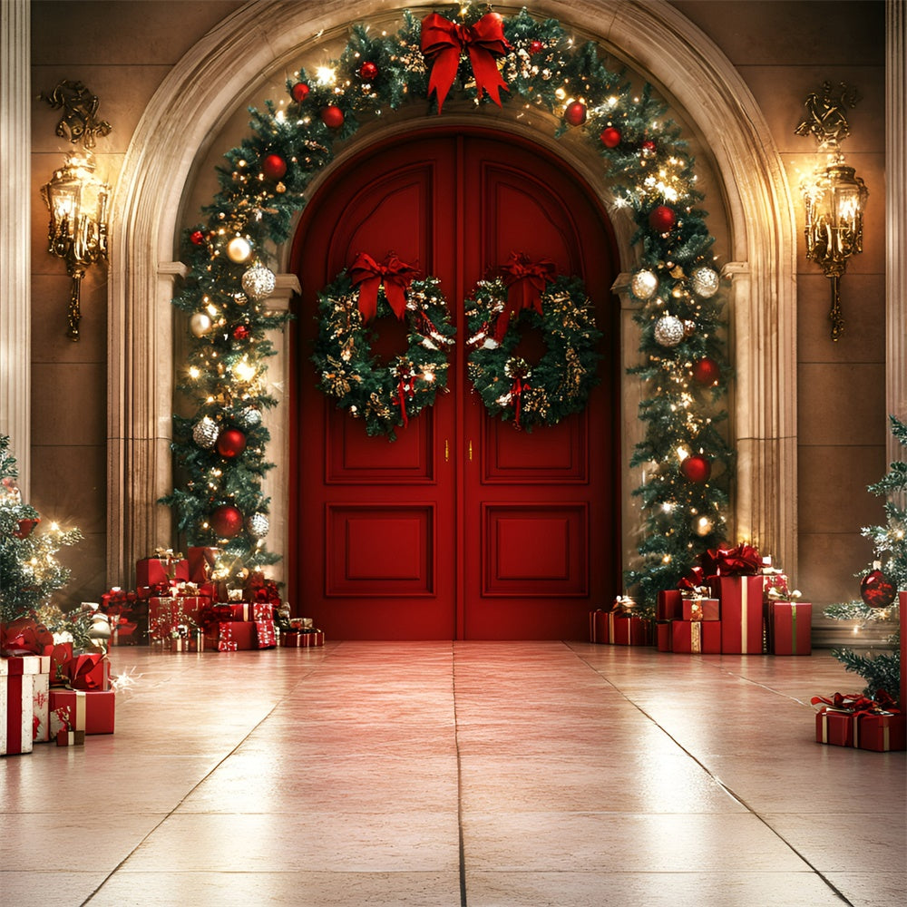 Professional Christmas Backdrops Red Door Garland Glow Backdrop UK GQ57-43