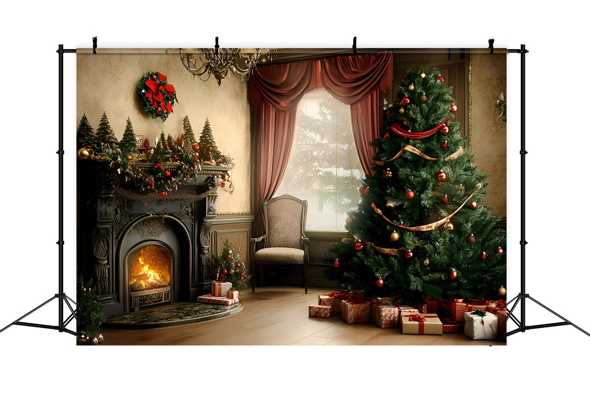 Christmas Fireplace Backdrop Vintage Christmas Parlor Backdrop UK GQ57-44