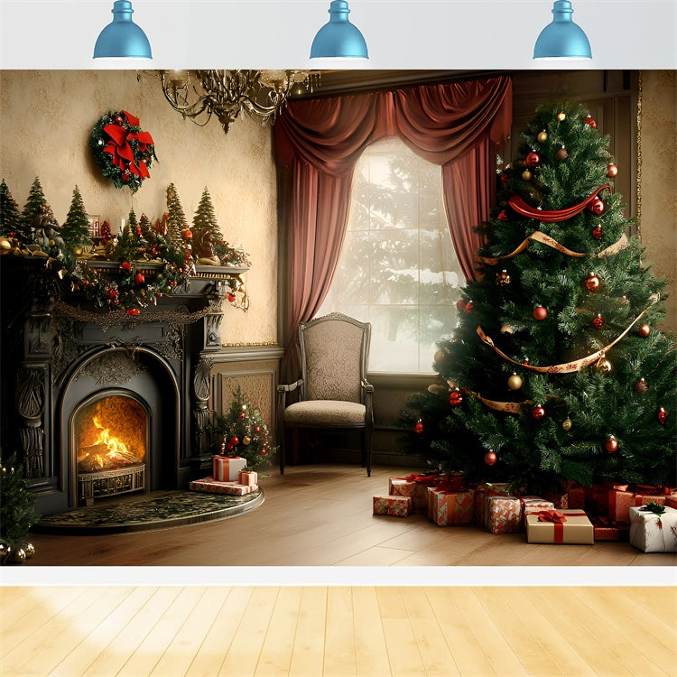 Christmas Fireplace Backdrop Vintage Christmas Parlor Backdrop UK GQ57-44
