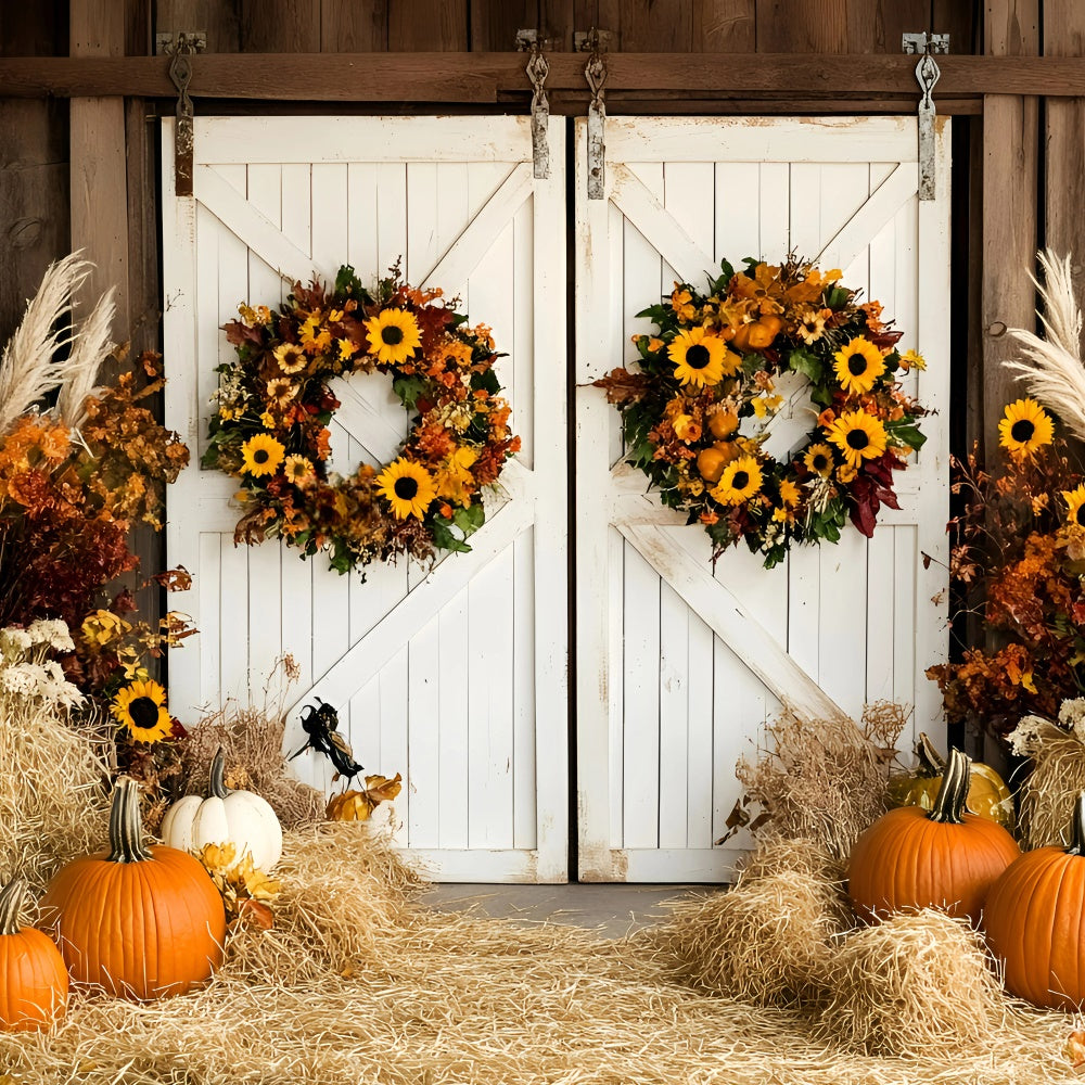 Barn Door Backdrop Pumpkin Hay Wreath Fall Backdrop UK GQ57-95