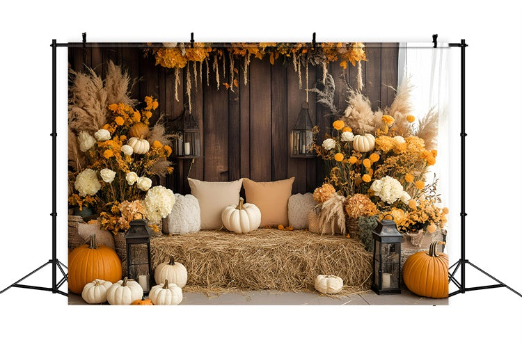 Fall Photo Backdrop Cozy Rustic Hay Bench Backdrop UK GQ57-98