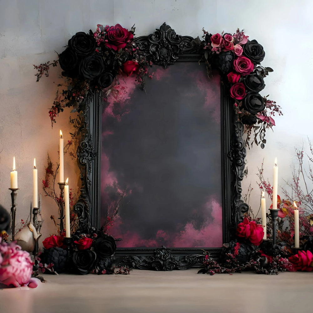 Gothic Backdrop Romantic Black Red Rose Candle Frame Vintage Photo Backdrop UK GQ58-112
