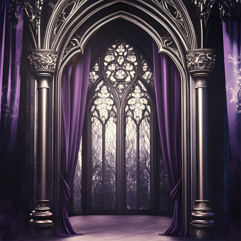 Gothic Backdrop Purple Draped Cathedral Arched Window Vintage Backdrops UK GQ58-113