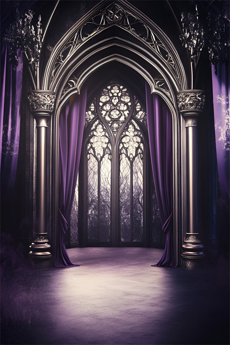 Gothic Backdrop Purple Draped Cathedral Arched Window Vintage Backdrops UK GQ58-113