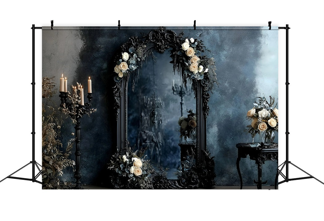 Gothic Backdrop Black Ornate Mirror Ivory Roses Vintage Photography Backdrops UK GQ58-115