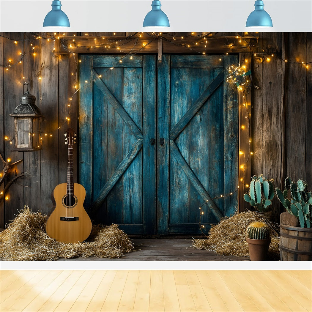 Western Backdrop Rustic Blue Barn Doors Guitar Cactus Vintage Photography Backdrops UK GQ58-119