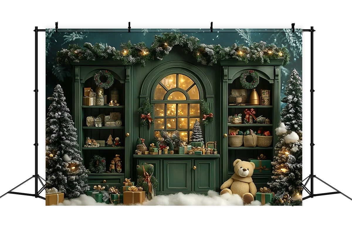 Christmas Backdrops Sale Vintage Green Shelf Cute Teddy Christmas Photo Backdrop UK GQ58-15