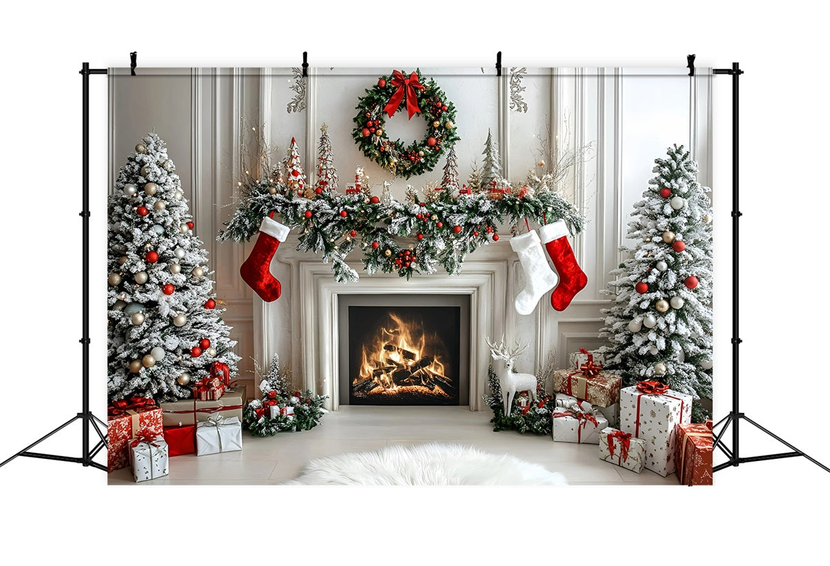 Christmas Fireplace Backdrop Modern Style White Wall Fireplace Christmas Photo Backdrop UK GQ58-16