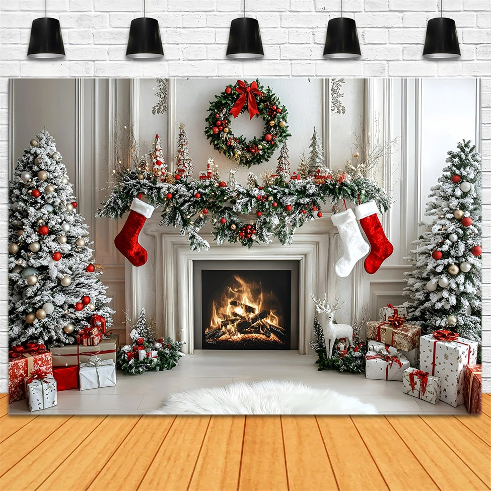 Christmas Fireplace Backdrop Modern Style White Wall Fireplace Christmas Photo Backdrop UK GQ58-16