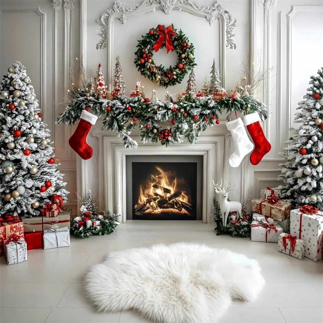 Christmas Fireplace Backdrop Modern Style White Wall Fireplace Christmas Photo Backdrop UK GQ58-16
