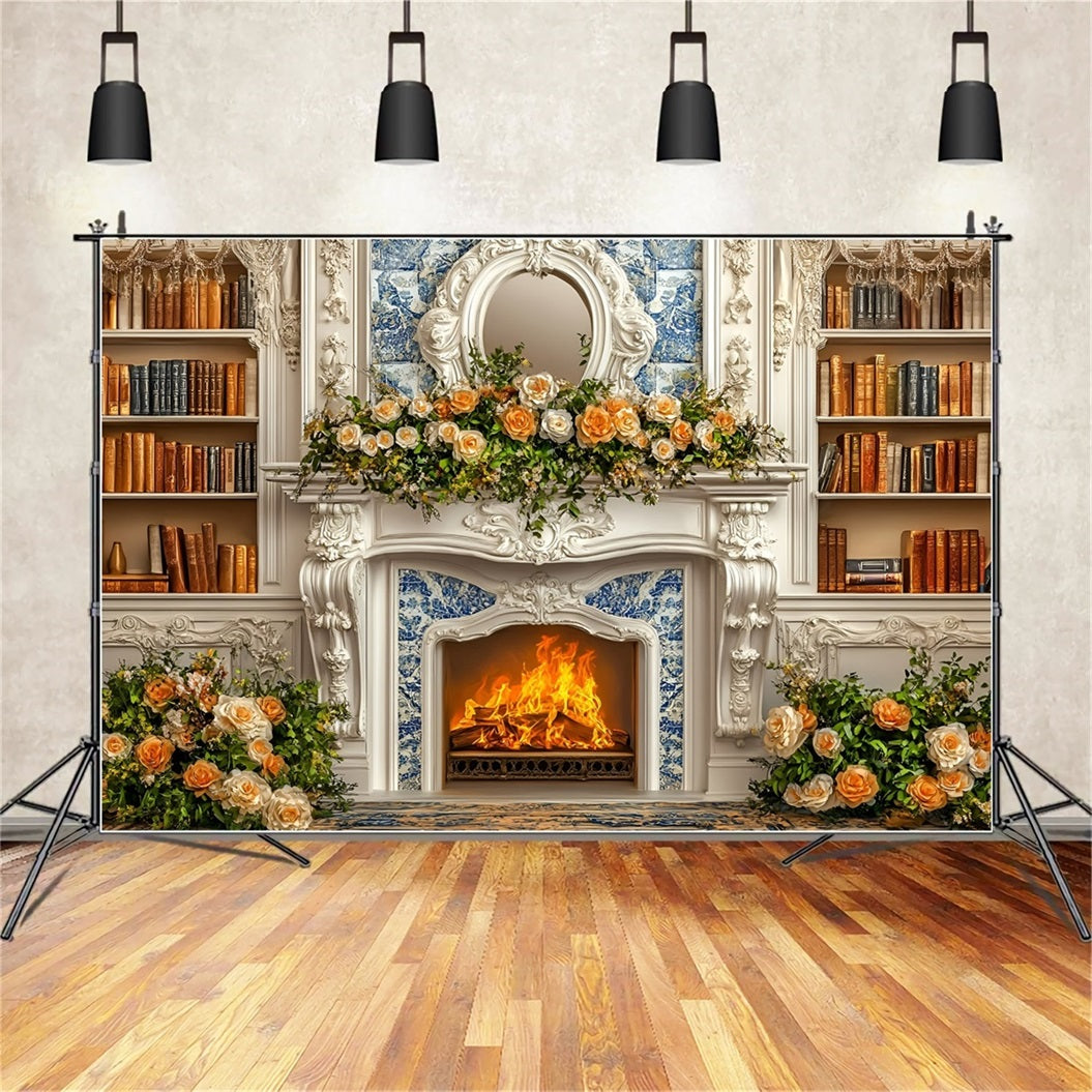 Christmas Fireplace Backdrop Romantic Champagne Rose Bookshelf Wall Christmas Backdrop for Photos UK GQ58-18
