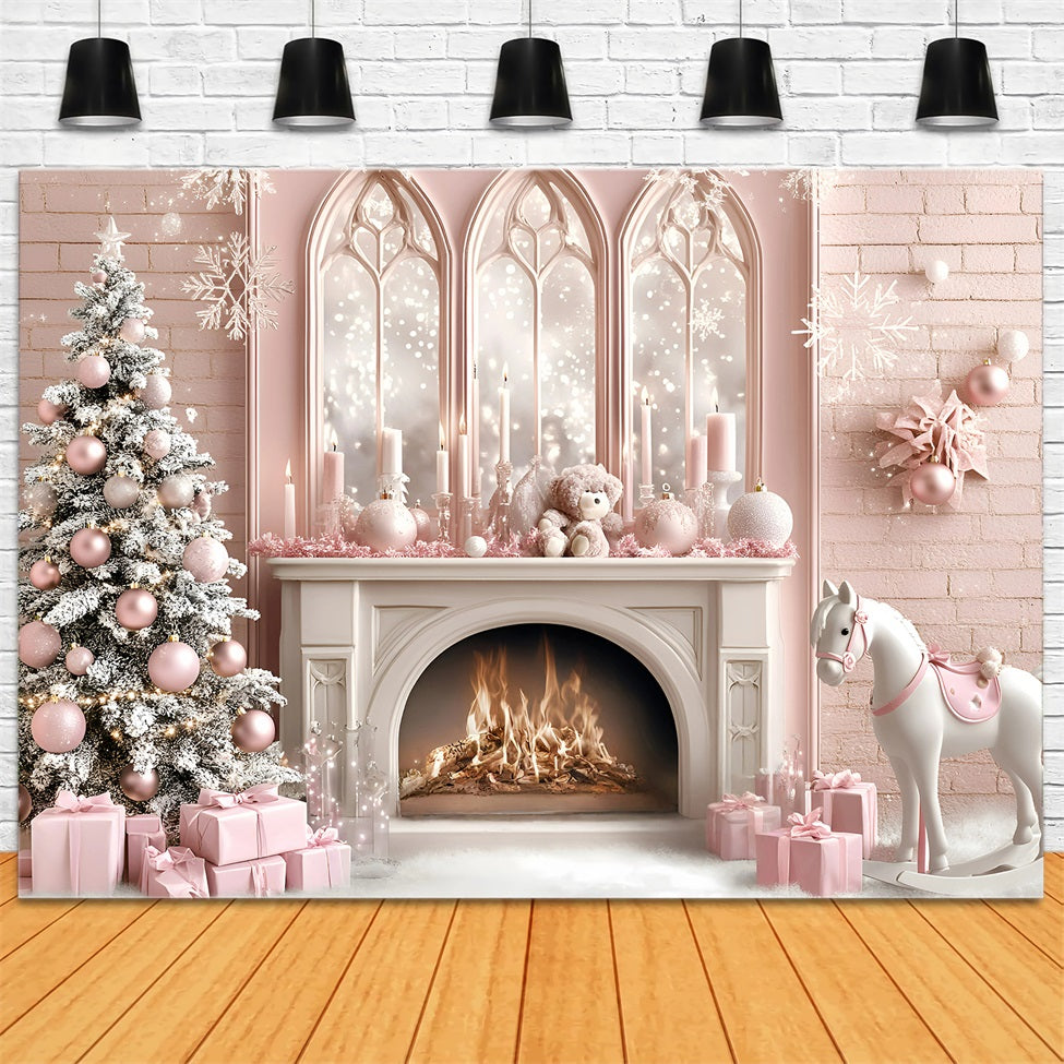 Christmas Fireplace Backdrop Horse Toy Child's Dream Princess Style Pink Christmas Backdrop UK GQ58-20