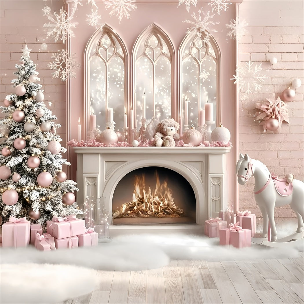 Christmas Fireplace Backdrop Horse Toy Child's Dream Princess Style Pink Christmas Backdrop UK GQ58-20