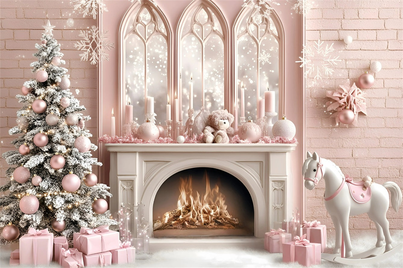 Christmas Fireplace Backdrop Horse Toy Child's Dream Princess Style Pink Christmas Backdrop UK GQ58-20
