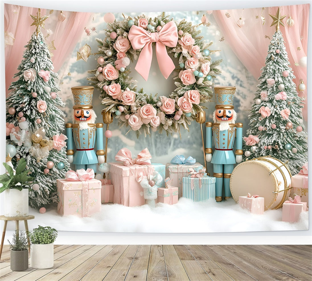 Nutcracker Backdrop Sweet Pink Rose Bow Wreath Pink Christmas Backdrop UK GQ58-22