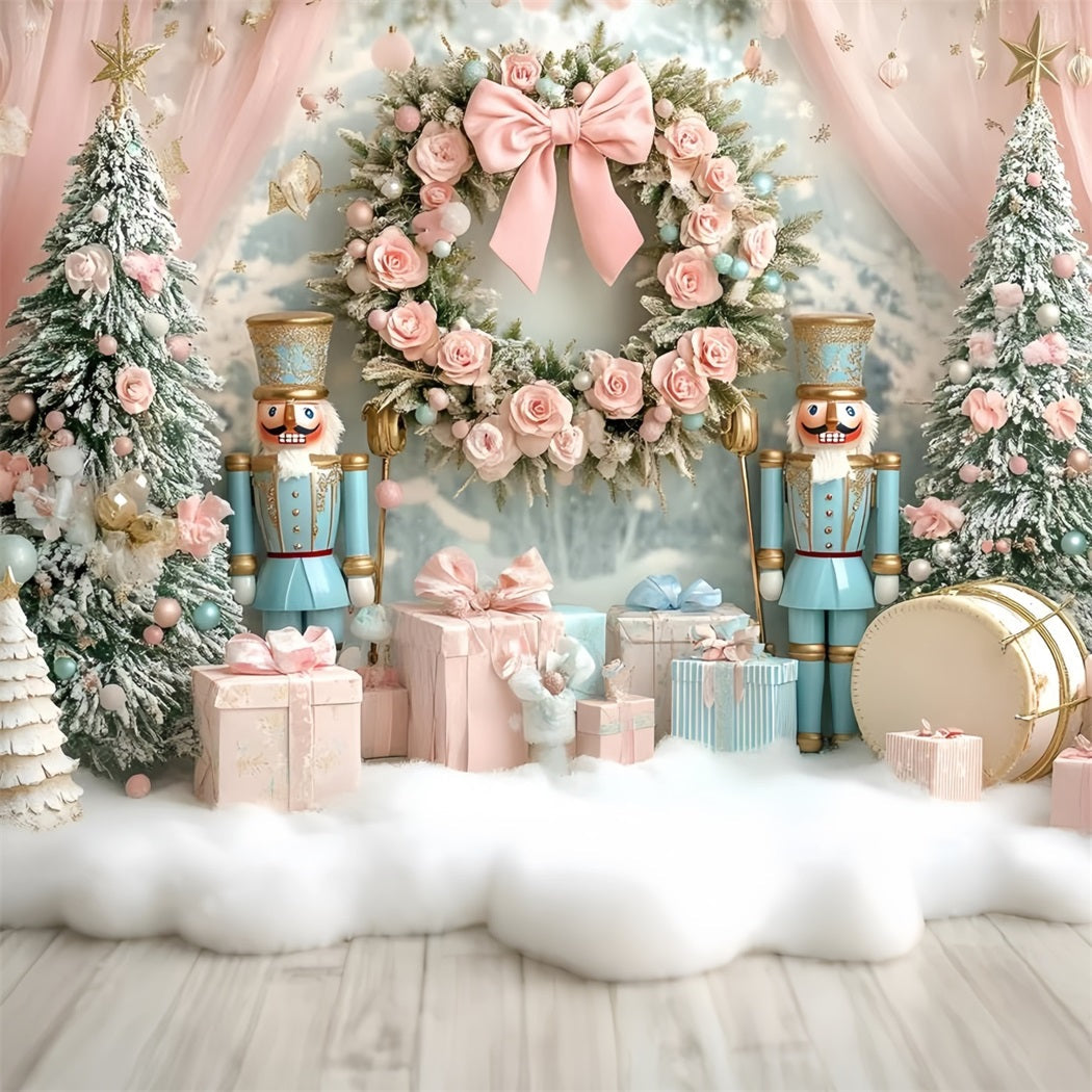 Nutcracker Backdrop Sweet Pink Rose Bow Wreath Pink Christmas Backdrop UK GQ58-22