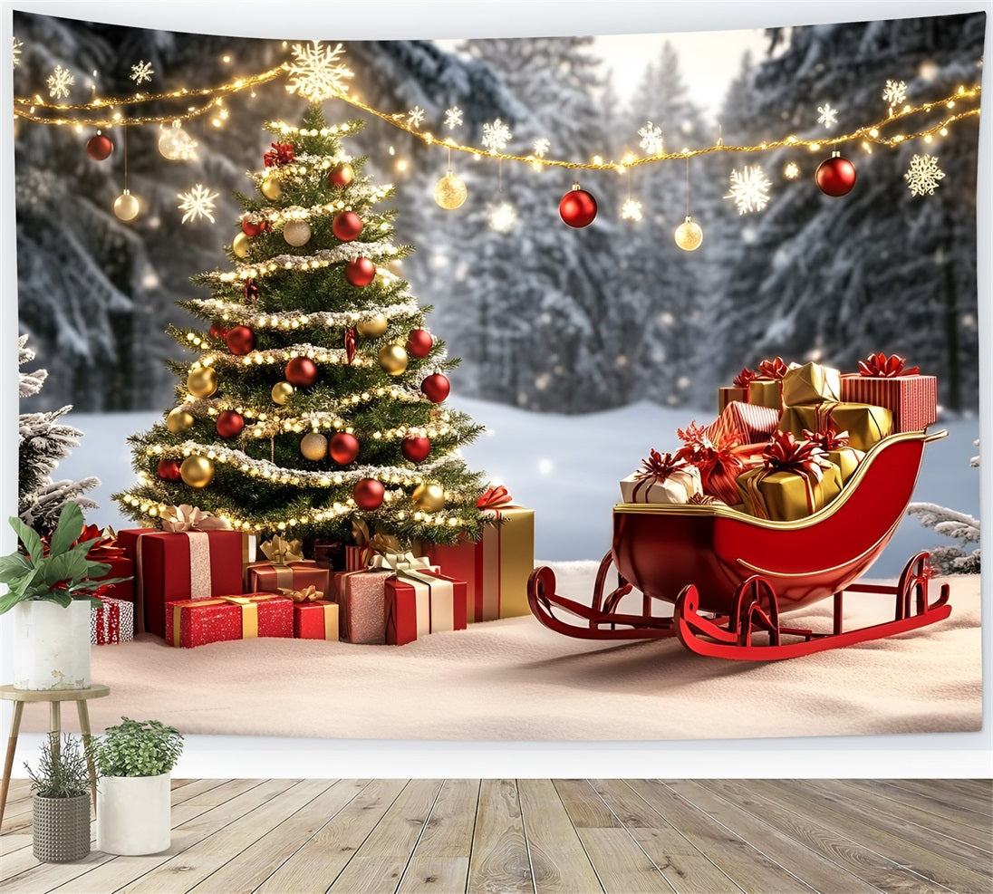 High Resolution Christmas Backdrop Red Sleigh and Golden Gifts Christmas Tree Backdrop UK GQ58-27