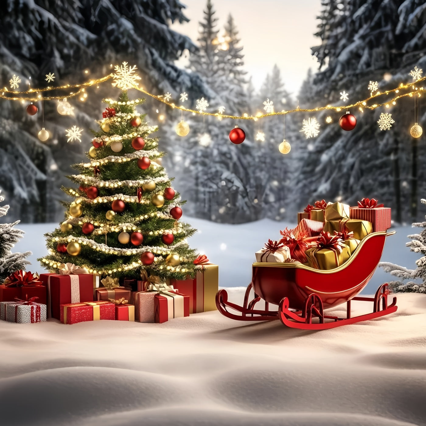 High Resolution Christmas Backdrop Red Sleigh and Golden Gifts Christmas Tree Backdrop UK GQ58-27