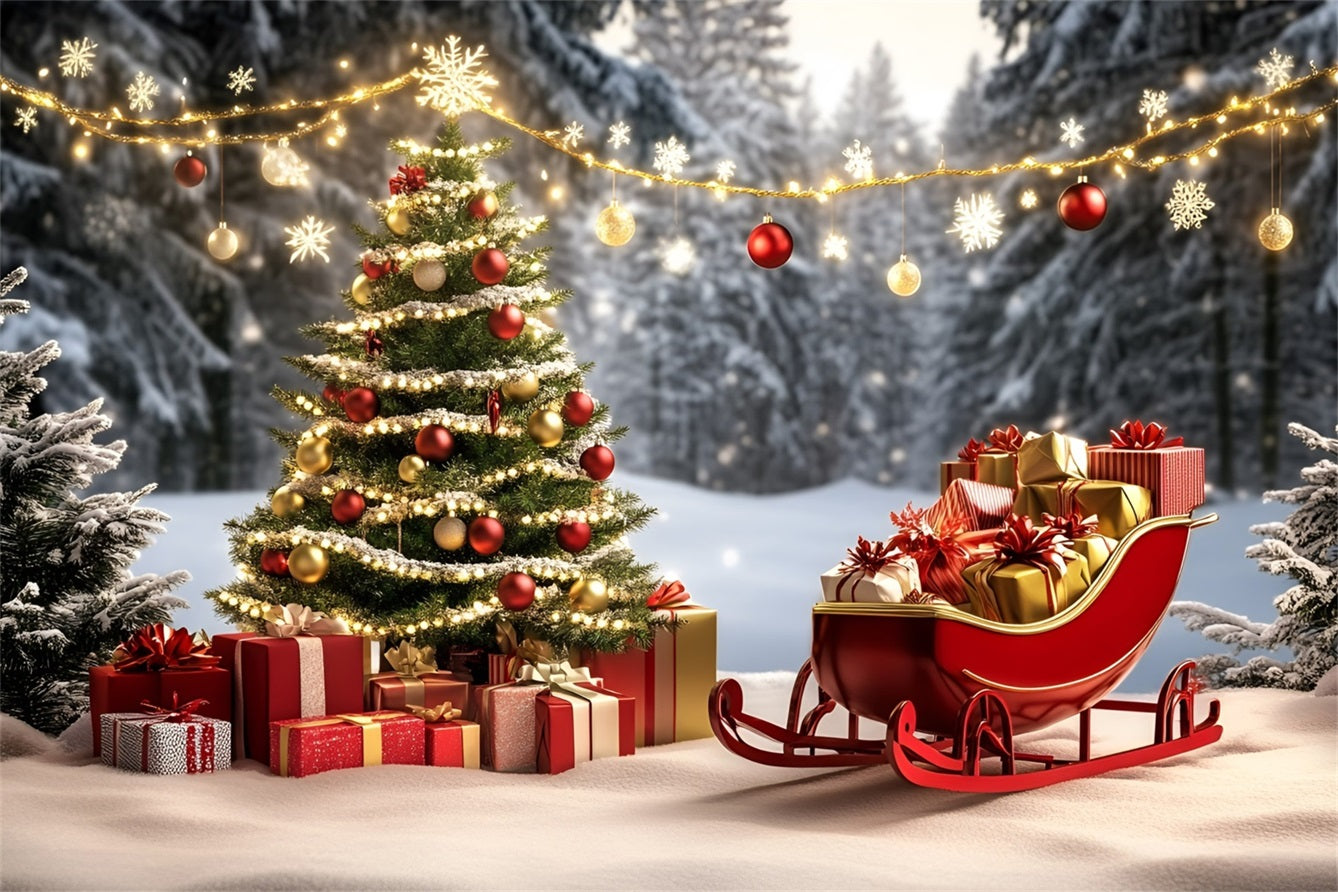 High Resolution Christmas Backdrop Red Sleigh and Golden Gifts Christmas Tree Backdrop UK GQ58-27
