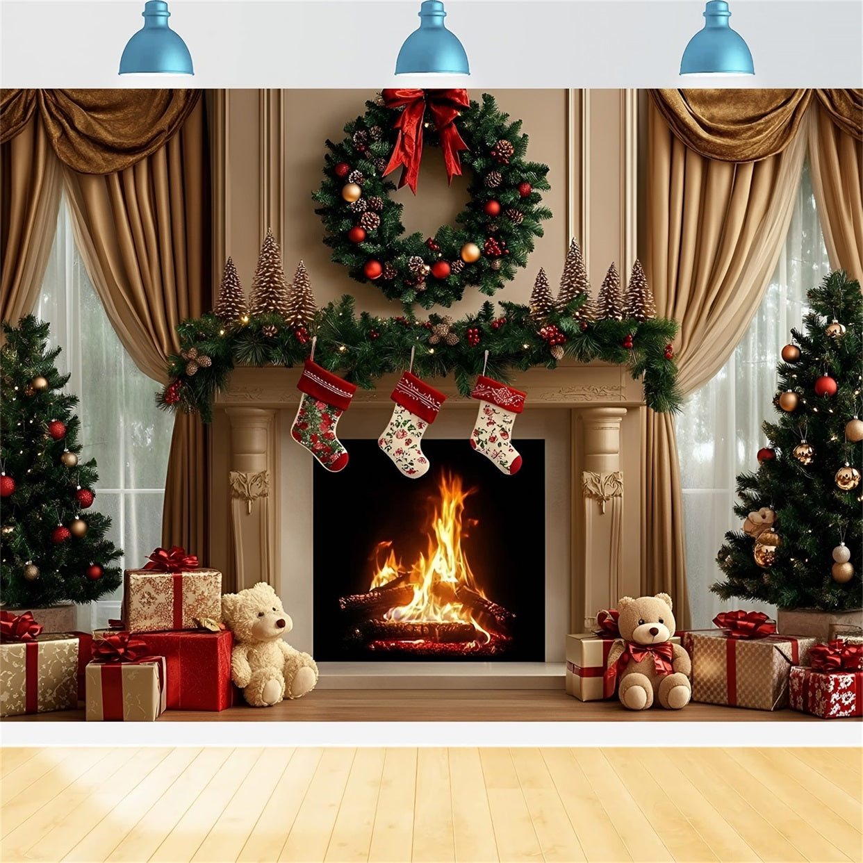 High Resolution Christmas Backdrop Fireplace Wreath Teddy Gift Display Christmas Photo Backdrops UK GQ58-29