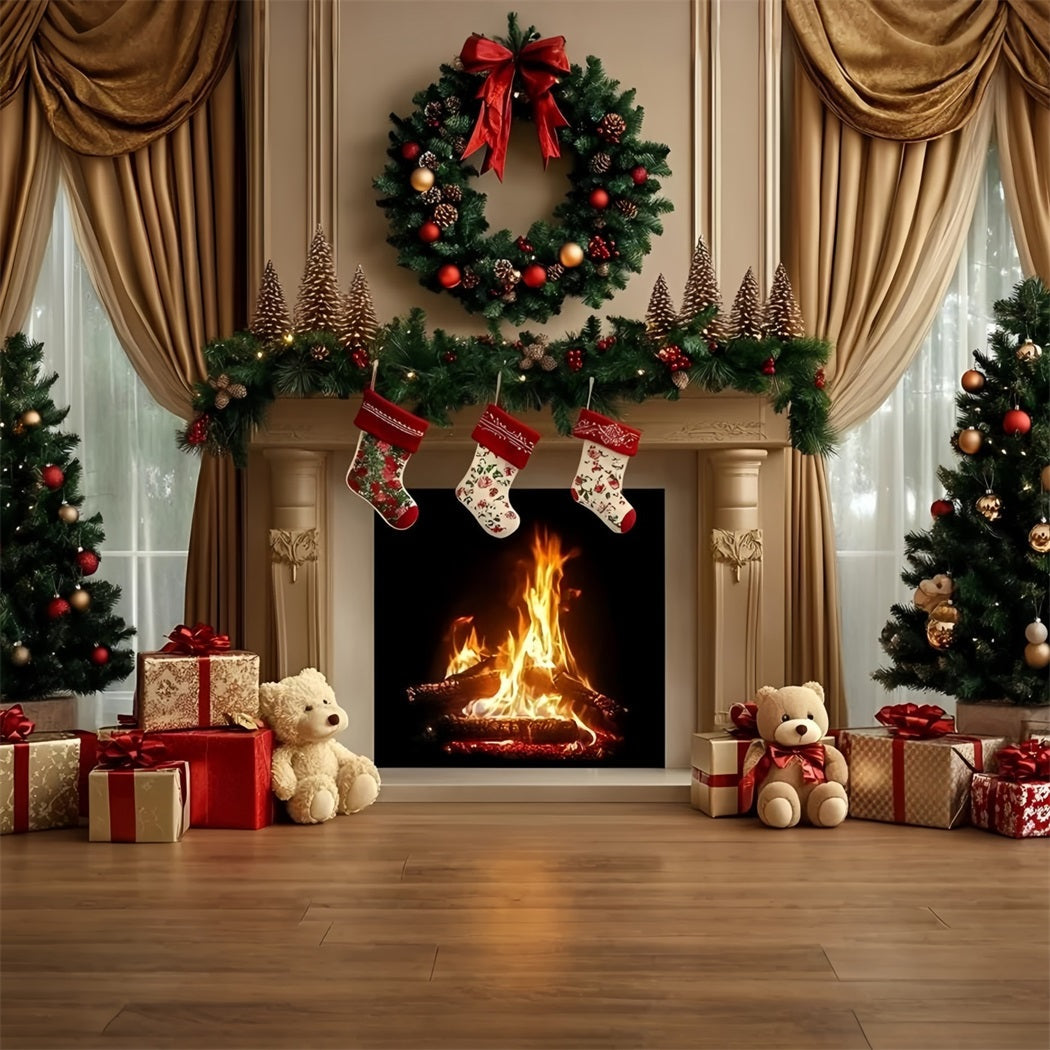 High Resolution Christmas Backdrop Fireplace Wreath Teddy Gift Display Christmas Photo Backdrops UK GQ58-29