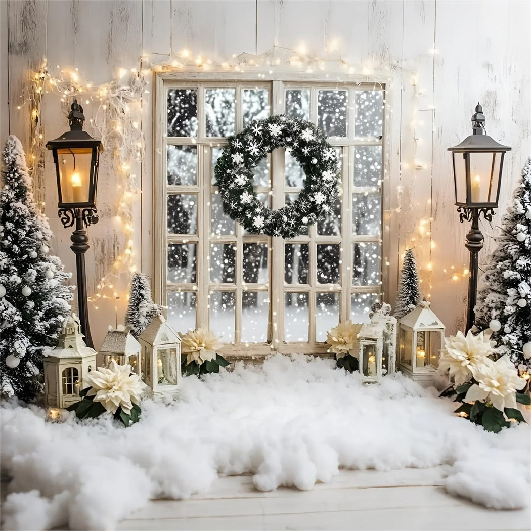 Holiday Backdrops Snowy Window Wreath Lighted White Christmas Backdrop UK GQ58-3