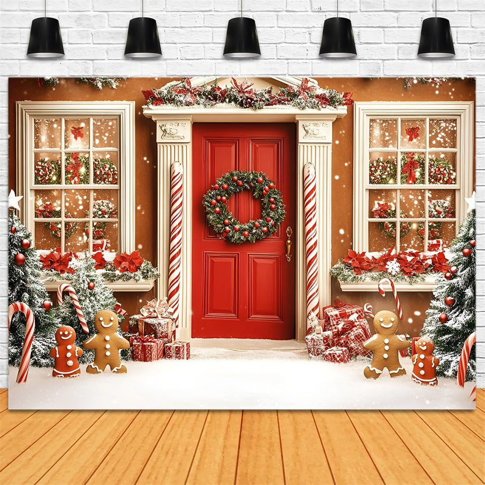 Gingerbread Backdrop Candy Cane Gingerbread Front Door Christmas Backdrops Sale UK GQ58-31