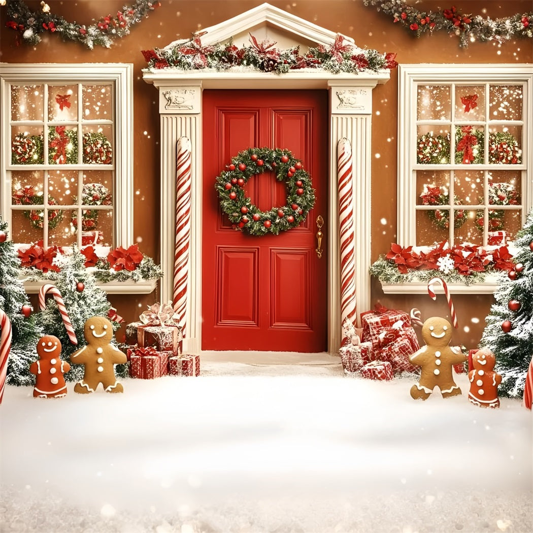 Gingerbread Backdrop Candy Cane Gingerbread Front Door Christmas Backdrops Sale UK GQ58-31