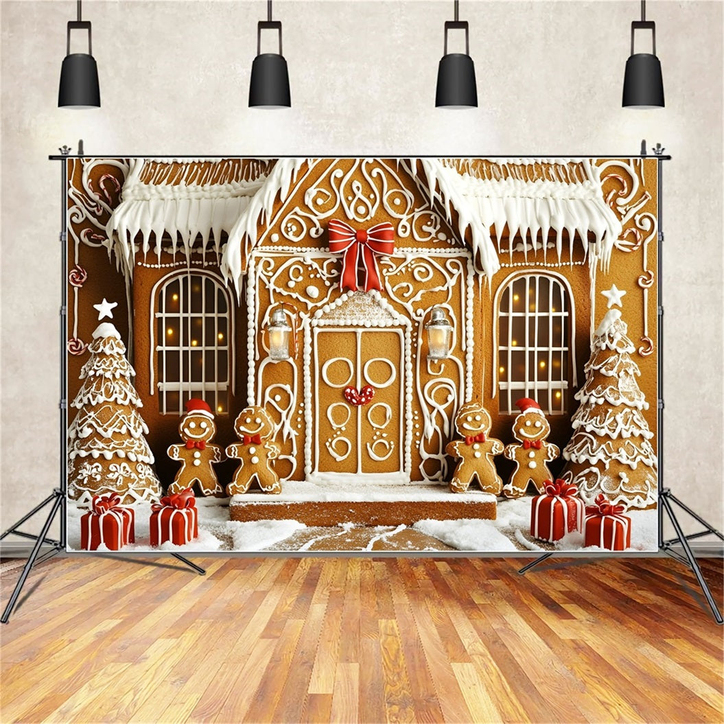 Gingerbread Backdrop Iced Cookie Mansion with Gifts Christmas Backdrops Sale UK GQ58-33