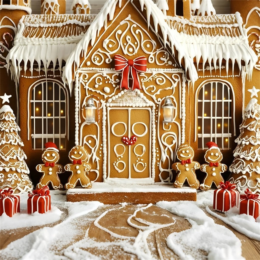 Gingerbread Backdrop Iced Cookie Mansion with Gifts Christmas Backdrops Sale UK GQ58-33