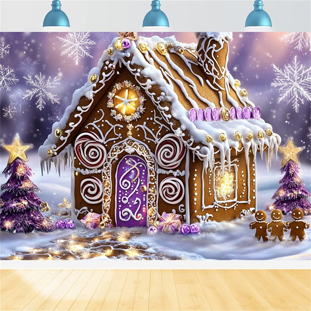Gingerbread Backdrop Purple Swirl Candy Cottage Wonderland Christmas Backdrops 10x10 UK GQ58-34