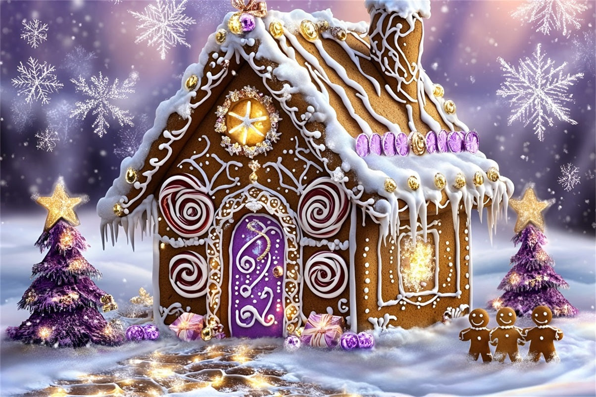 Gingerbread Backdrop Purple Swirl Candy Cottage Wonderland Christmas Backdrops 10x10 UK GQ58-34