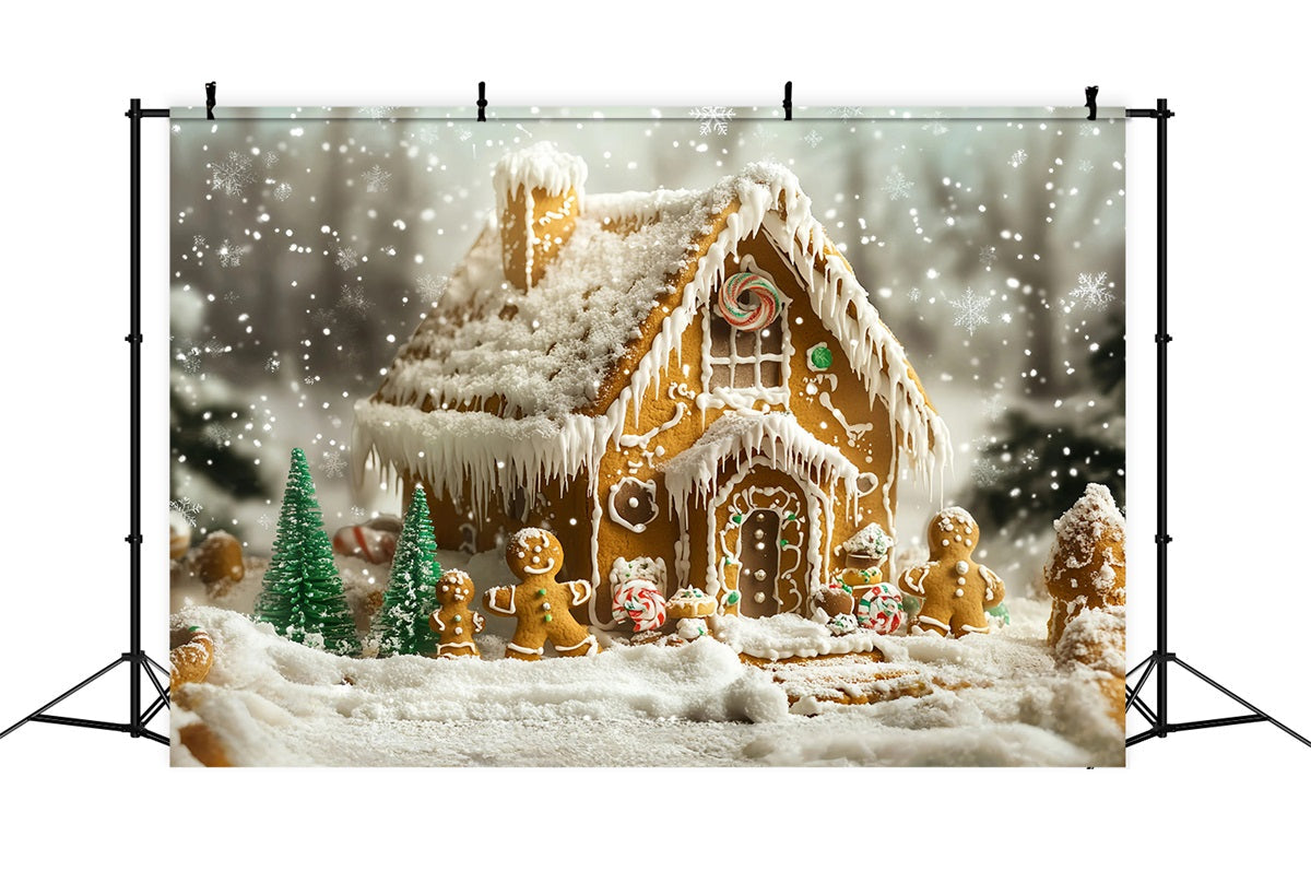 Gingerbread Backdrop Snow-Dusted Gingerbread Family House Christmas Backdrops 10x10 UK GQ58-35