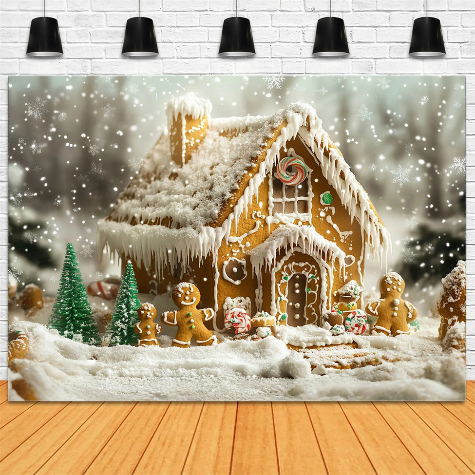 Gingerbread Backdrop Snow-Dusted Gingerbread Family House Christmas Backdrops 10x10 UK GQ58-35