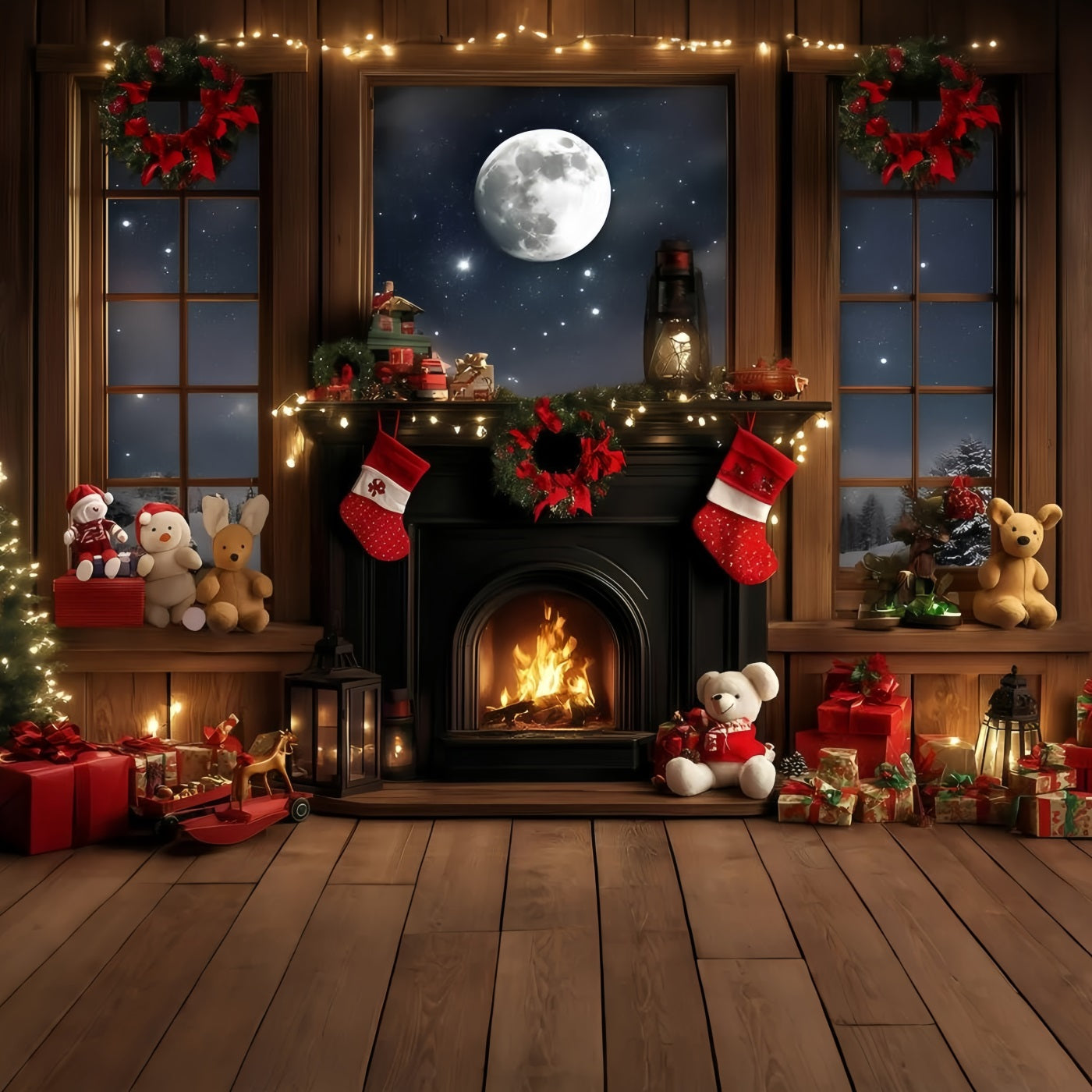 Holiday Photo Backdrop Full Moon Fireplace Cozy Christmas Christmas Backdrops 10x10 UK GQ58-36
