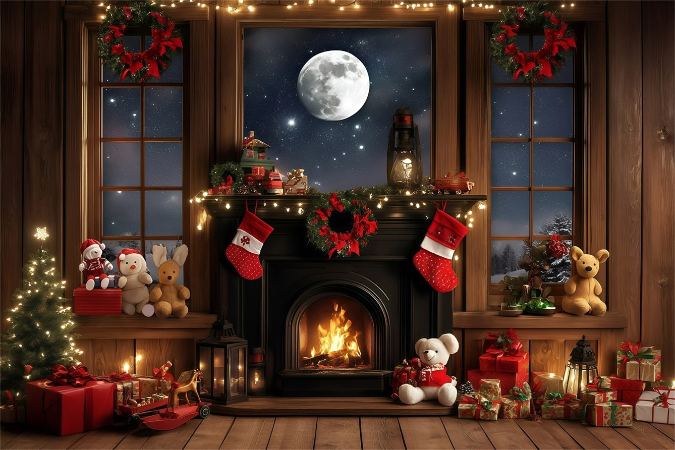 Holiday Photo Backdrop Full Moon Fireplace Cozy Christmas Christmas Backdrops 10x10 UK GQ58-36