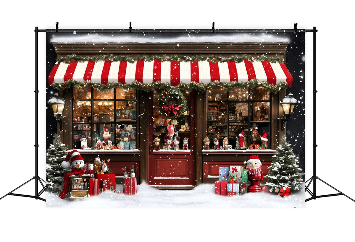 Holiday Photo Backdrop Striped Awning Snowy Toy Shop Christmas Photography Backdrops UK GQ58-38