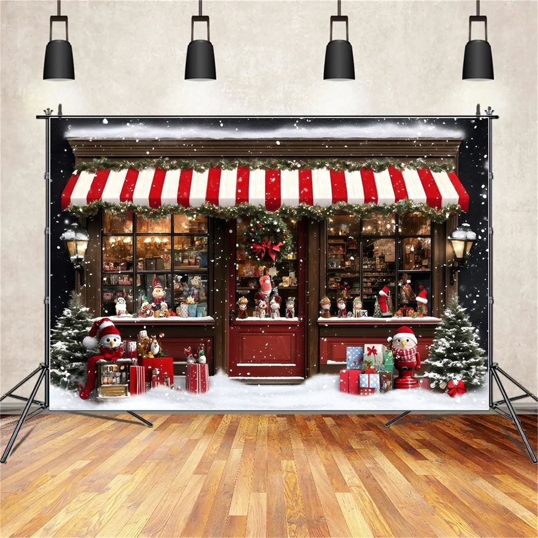 Holiday Photo Backdrop Striped Awning Snowy Toy Shop Christmas Photography Backdrops UK GQ58-38