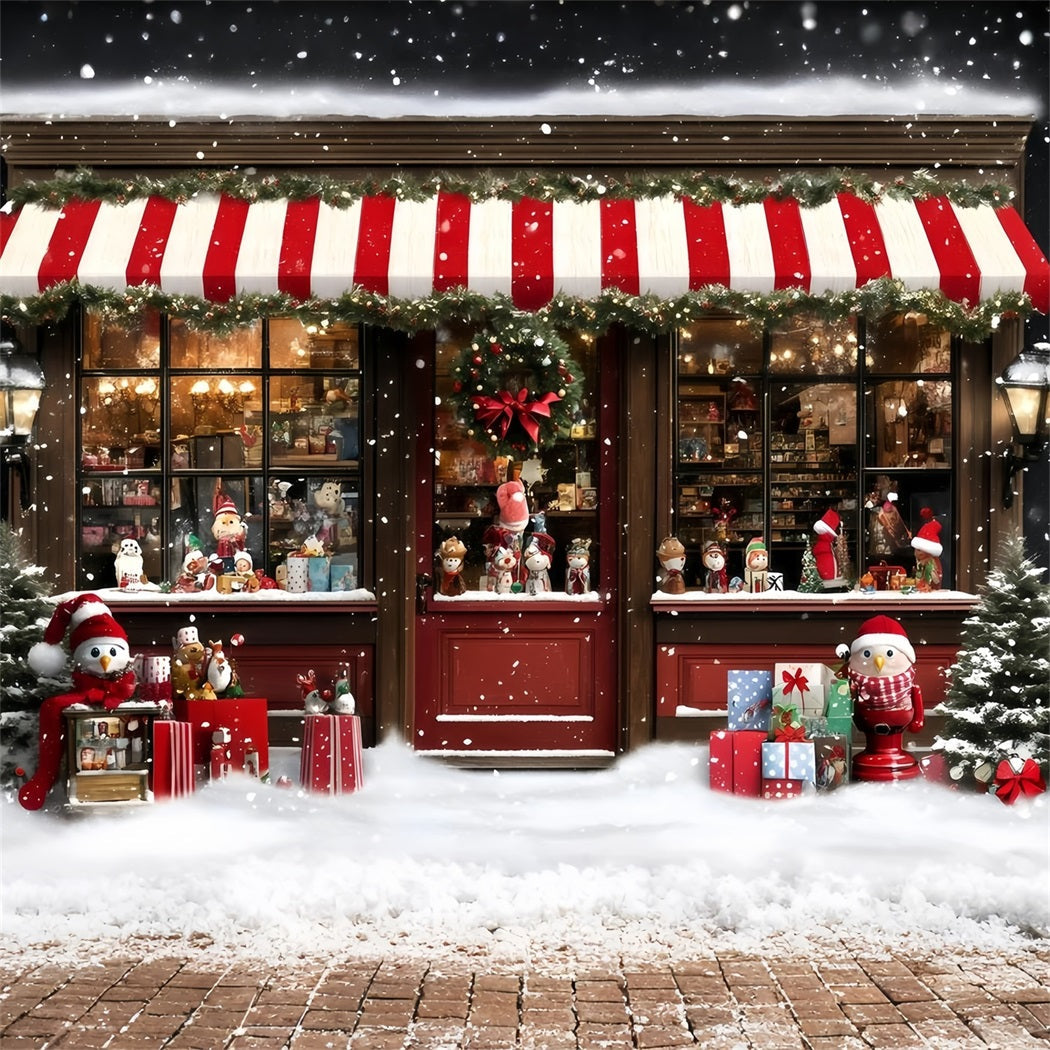 Holiday Photo Backdrop Striped Awning Snowy Toy Shop Christmas Photography Backdrops UK GQ58-38